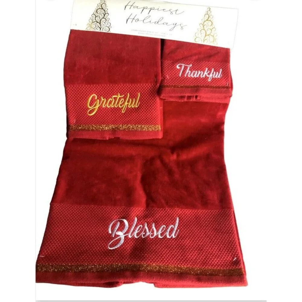 Christmas Towels Set Bath Hand Fingertip Thankful Blessed Grateful Holiday